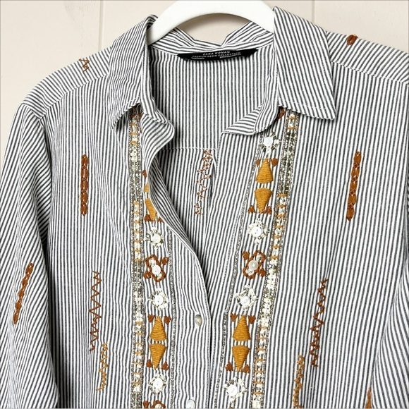 Zara Woman button front shirt blouse top striped boho embroidered beaded neutral - Picture 2 of 12